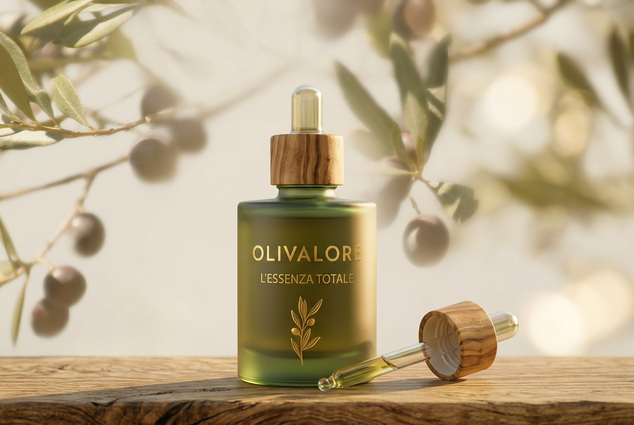 Olivalore L'Essenza Totale serum bottle nestled among Tuscan olive branches
