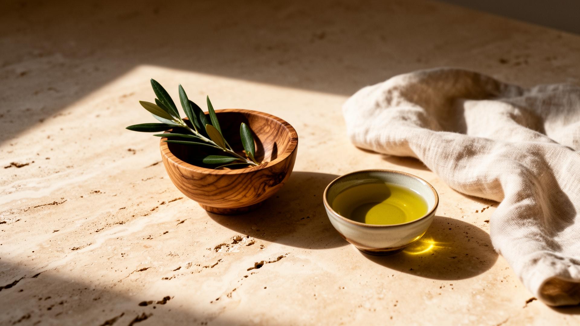 Olive wood bowl, fresh olive leaves and a small vessel of golden olive oil on warm travertine stone, bathed in afternoon Tuscan light
